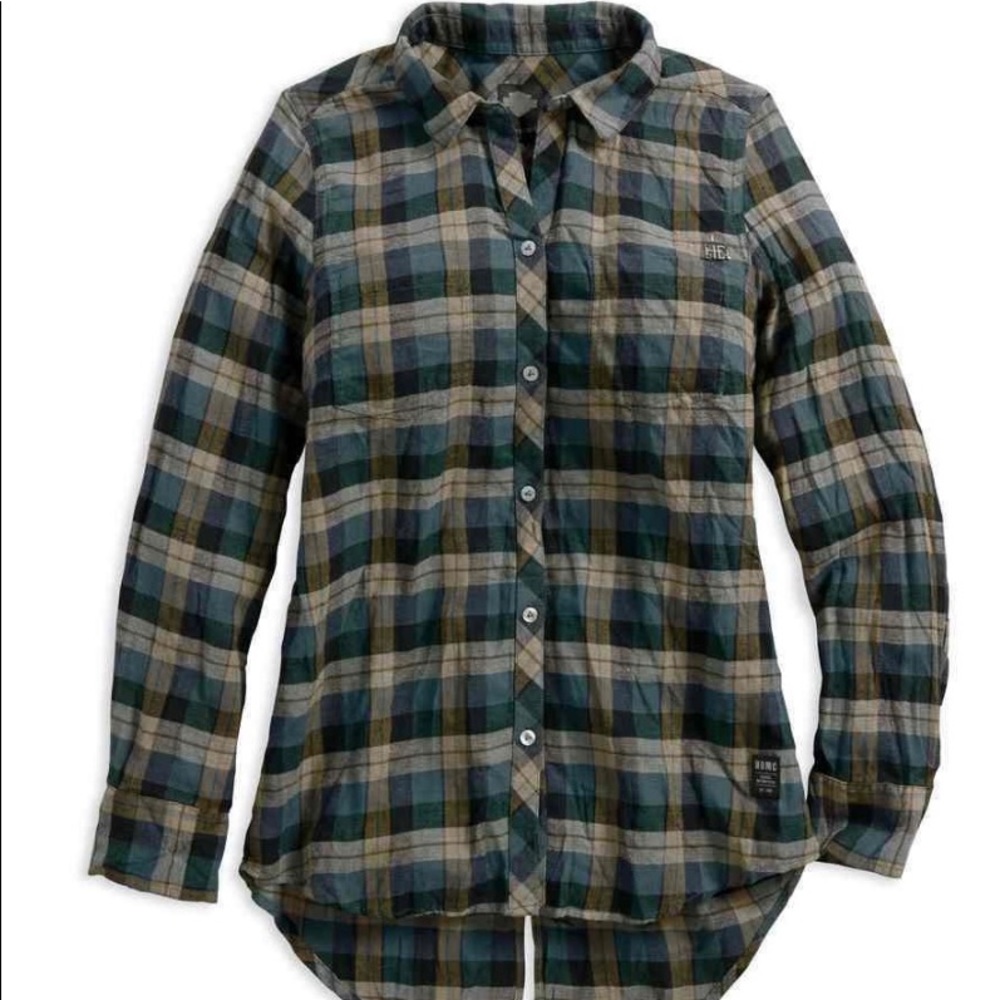 Harley Davidson women split back plaid light flannel shirt